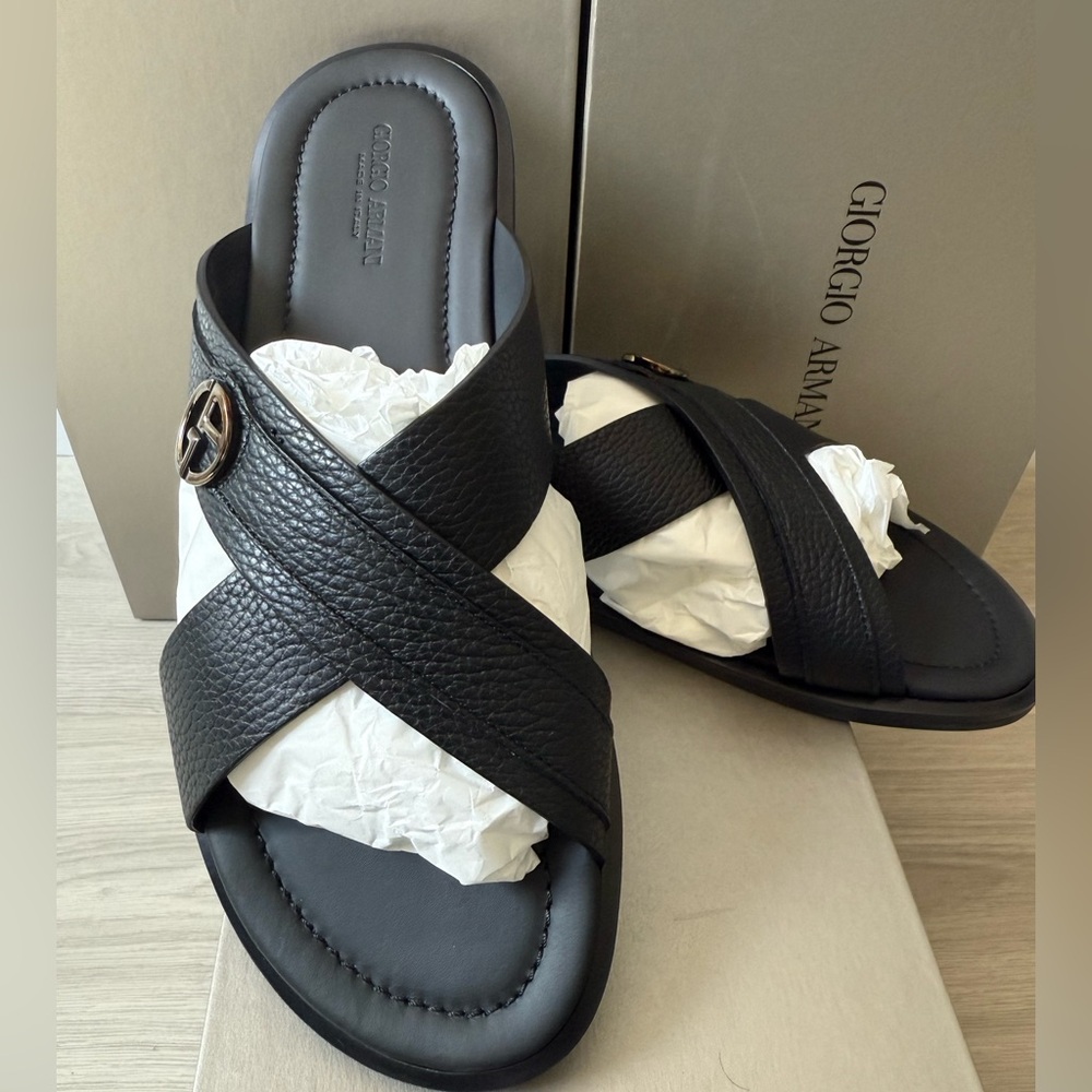 Giorgio Armani Black Leather Cross-Strap Slides